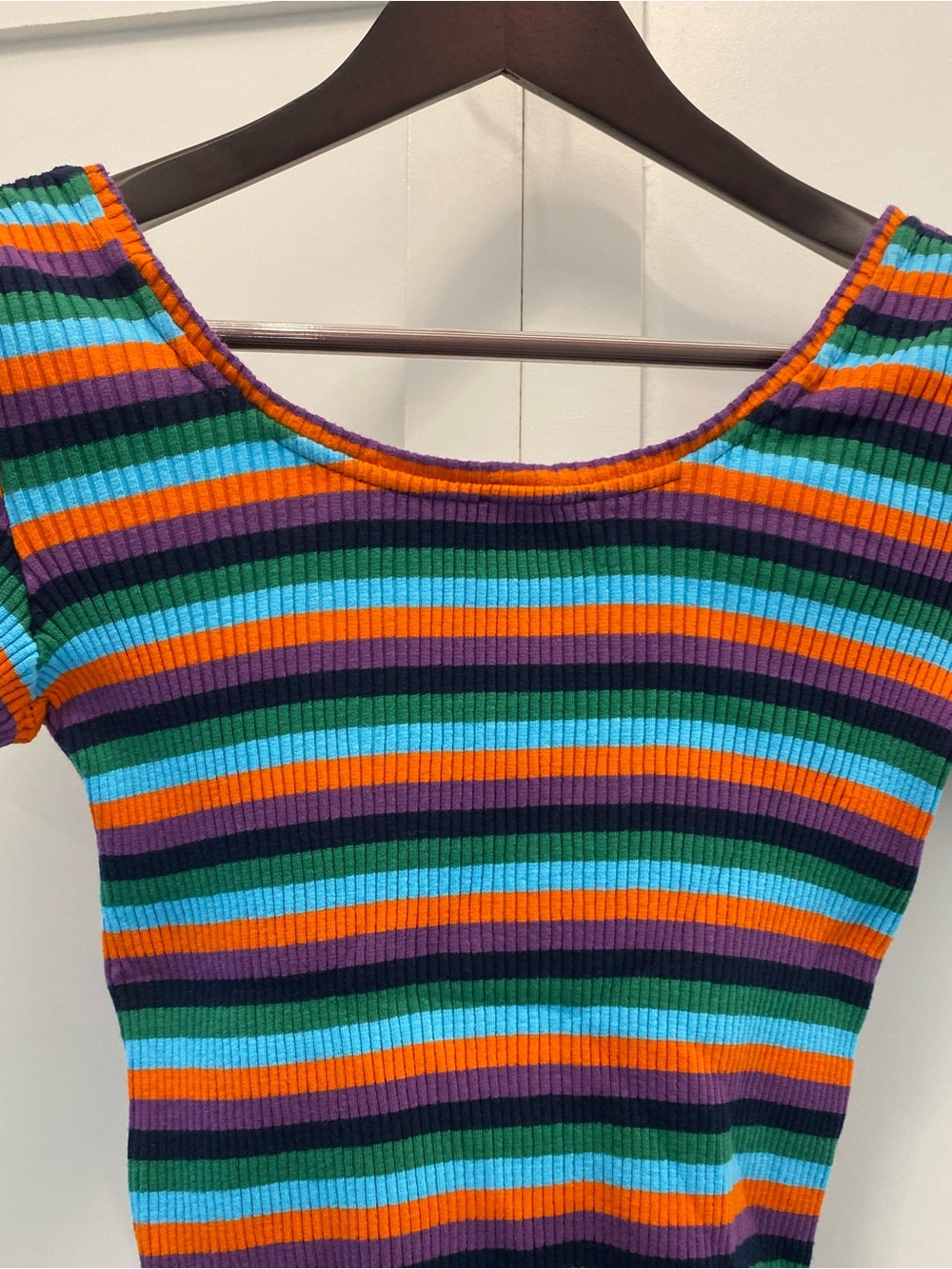 Vintage Multi-Stripe Ribbed Scoop Neck Tee - Blue, Green, Orange, Purple - Picture 5 of 11